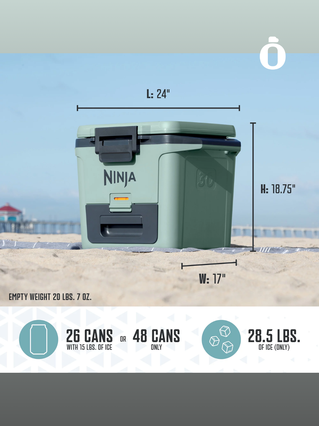 Ninja | FrostVault Hard Cooler with Bonus Cutting Board Divider Insert | 30 qt | Seafoam Blue